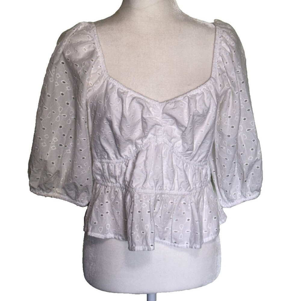 Women Romantic Eyelet Babydoll Top‎ Square Neck Puff Sleeve Elastic Waist Size M